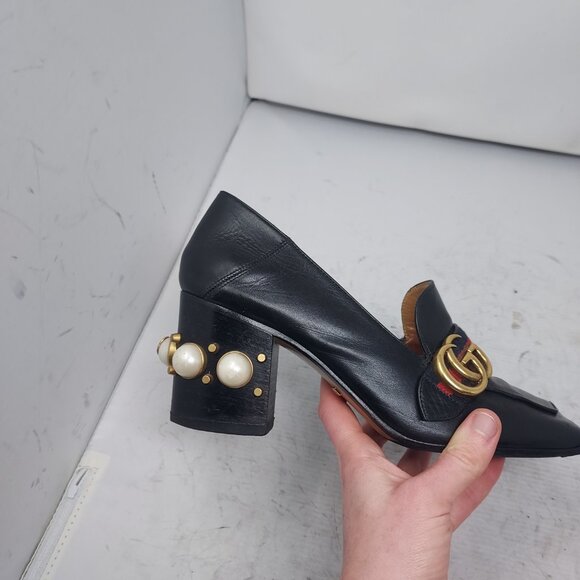 GUCCI BLACK GG PEYTON PEARL LEATHER HEEL SHOE - Picture 7 of 12